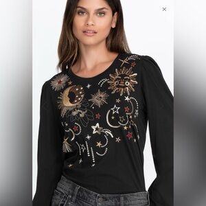 Johnny Was CALLISTO SEQUIN BISHOP SLEEVE TEE HTF XL Moon, Stars Embroidered